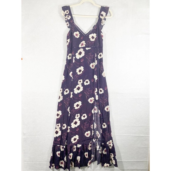 Leith Dress Small Purple Floral A-Line Maxi Slit Ruffle Sleeveless - Picture 1 of 11